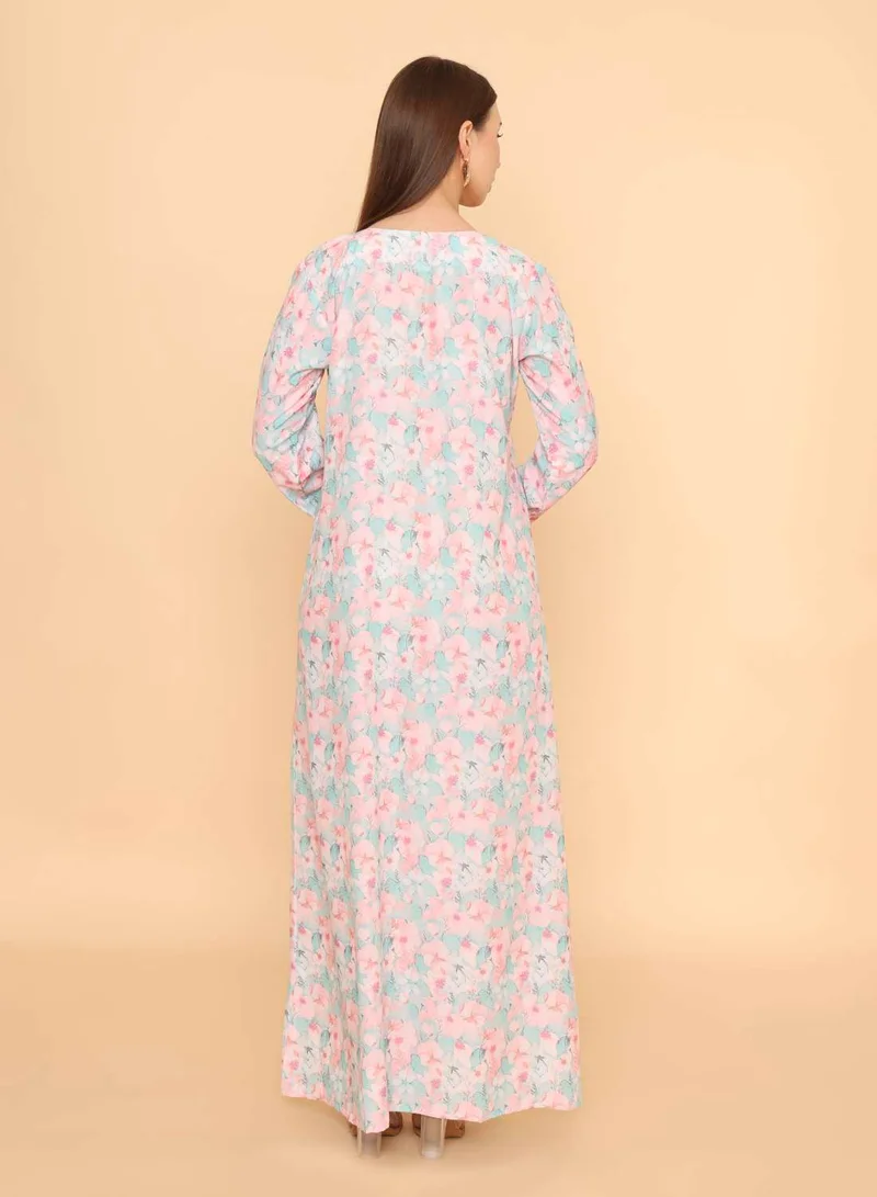HANA & SARA Elegant Floral Arabic Jalabiya Pastel Long Sleeve With Stone Work Design